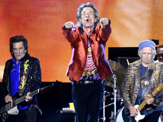(From L) Members of the Rolling Stones Ronnie Wood, Mick Jagger, Keith Richards and Steve Jordan play during their concert as part of their European tour, in Madrid on June 1, 2022. (Photo by HANS KLAUS TECHT / APA / AFP) / Austria OUT