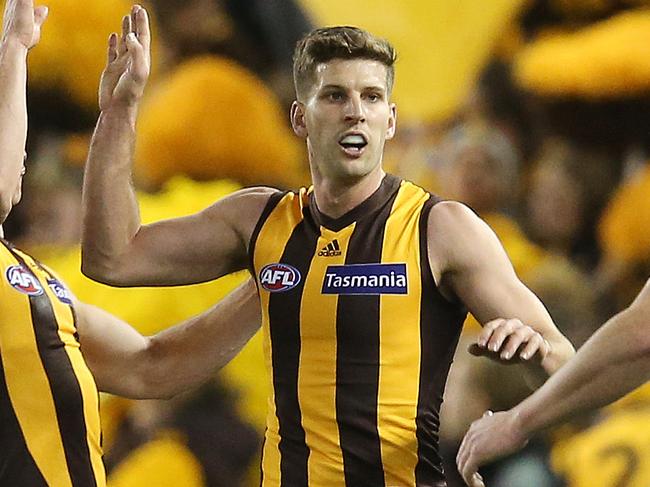 AFL Round 16. 07/07/2018. Western Bulldogs v Hawthorn at Etihad Stadium.  Hawthorn's Luke Breust celebrates his goal in the first quarter  . Pic: Michael Klein