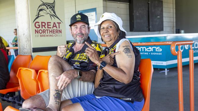 Former Nightcliff Tigers president Jeff Borella and First Lady Dianne Borella at the NTFL prelim finals on Saturday afternoon. Picture: Floss Adams.