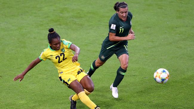 Mireya Grey of Jamaica is shut down by Matildas veteran Lisa De Vanna. Picture: Getty Images