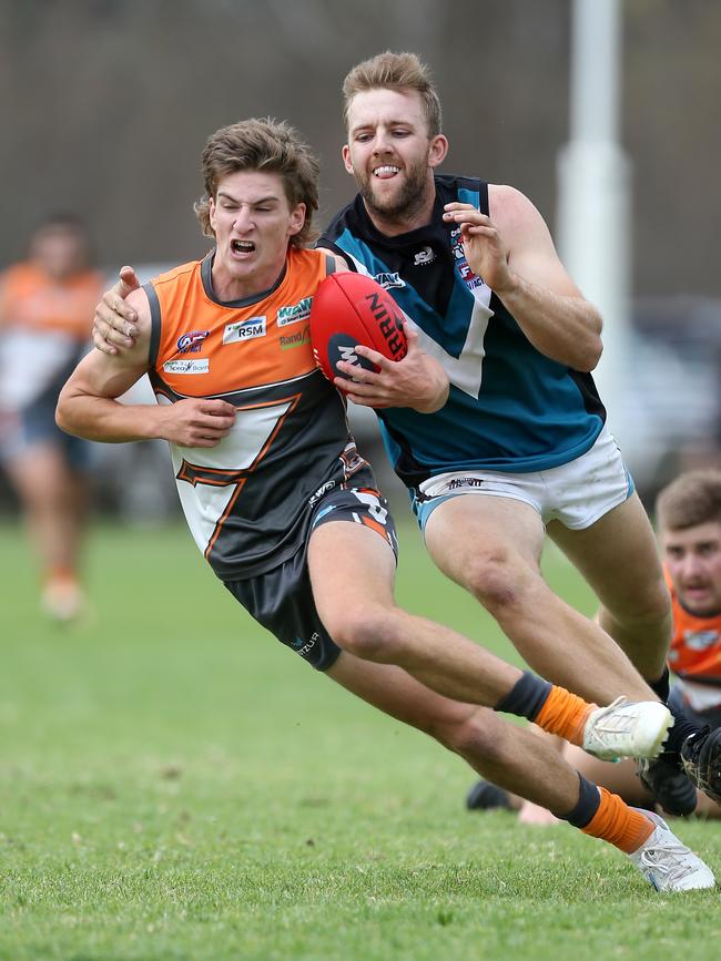 Rand-Walbundrie-Walla’s Nathan Wardius, left, kicked two important goals to help the Giants to an upset win over Holbrook. Picture Yuri Kouzmin