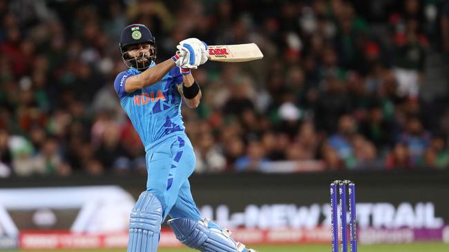 Virat Kohli is now the most prolific run scorer in T20 World Cup matches, after a scoring 64 came off just 44 balls. Picture: AFP.