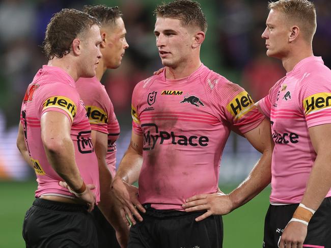 MELBOURNE, AUSTRALIA - MARCH 20:  Jack Cole of the Panthers reacts at full-time during the round three NRL match between the Melbourne Storm and Penrith Panthers at AAMI Park on March 20, 2025, in Melbourne, Australia. (Photo by Daniel Pockett/Getty Images)