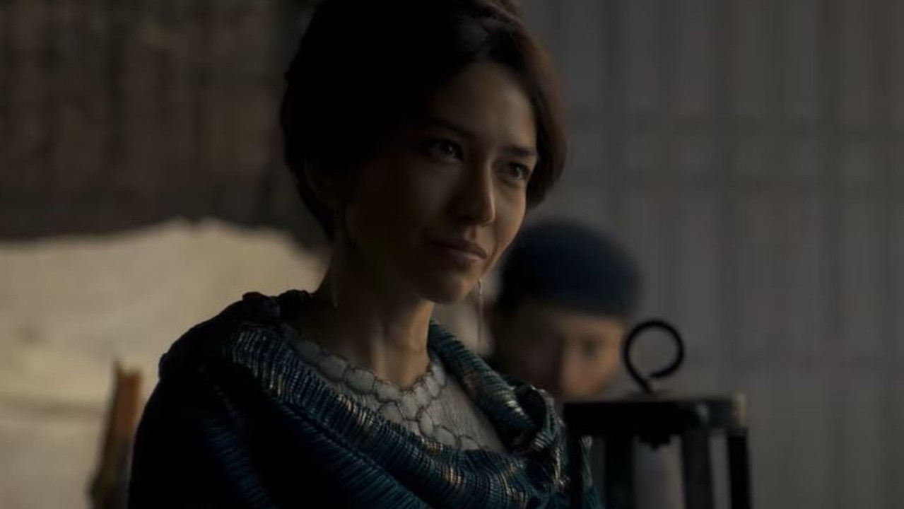 I regret to confirm that Mysaria’s baffling and unnecessary fake accent is still in place. Closed captions are recommended. Picture: Foxtel/Binge/HBO