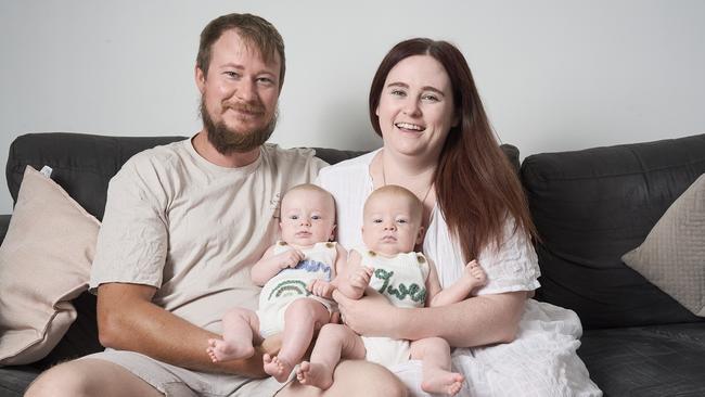 Cassandra Oest with Liam and Jake Oest with Owen at home in Elizabeth Vale. Picture: Matt Loxton