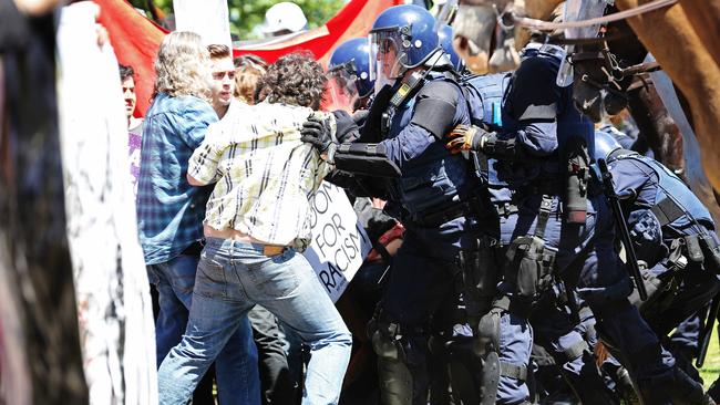 Anti-racism protestors and police clash at the Reclaim Australia Rally in Melton. Picture: Nathan Dyer