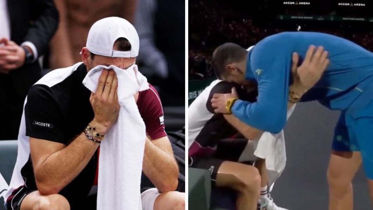 Novak Djokovic consoles Grigor Dimitrov.