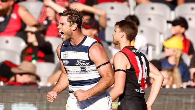 Can the Bombers stop Tom Hawkins this time around? Picture: Michael Willson/AFL Photos