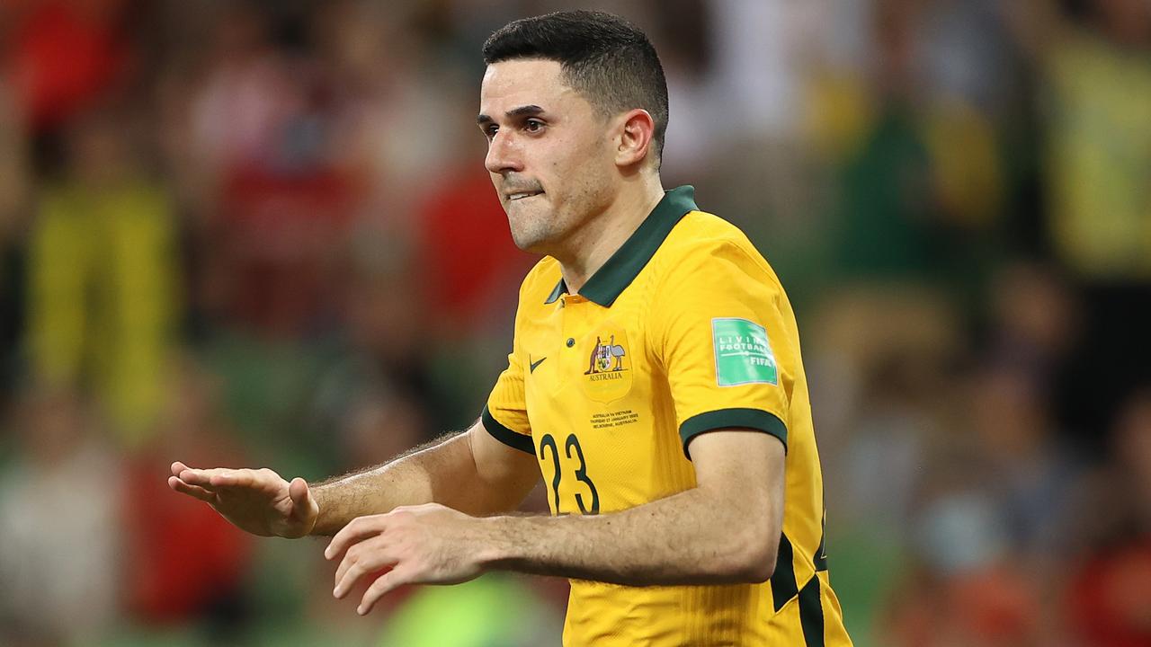 MELBOURNE, AUSTRALIA - JANUARY 27: Tom Rogic of Australia celebrates after scoring a goal during the FIFA World Cup Qatar 2022 AFC Asian Qualifier match between Australia Socceroos and Vietnam at AAMI Park on January 27, 2022 in Melbourne, Australia. (Photo by Robert Cianflone/Getty Images)