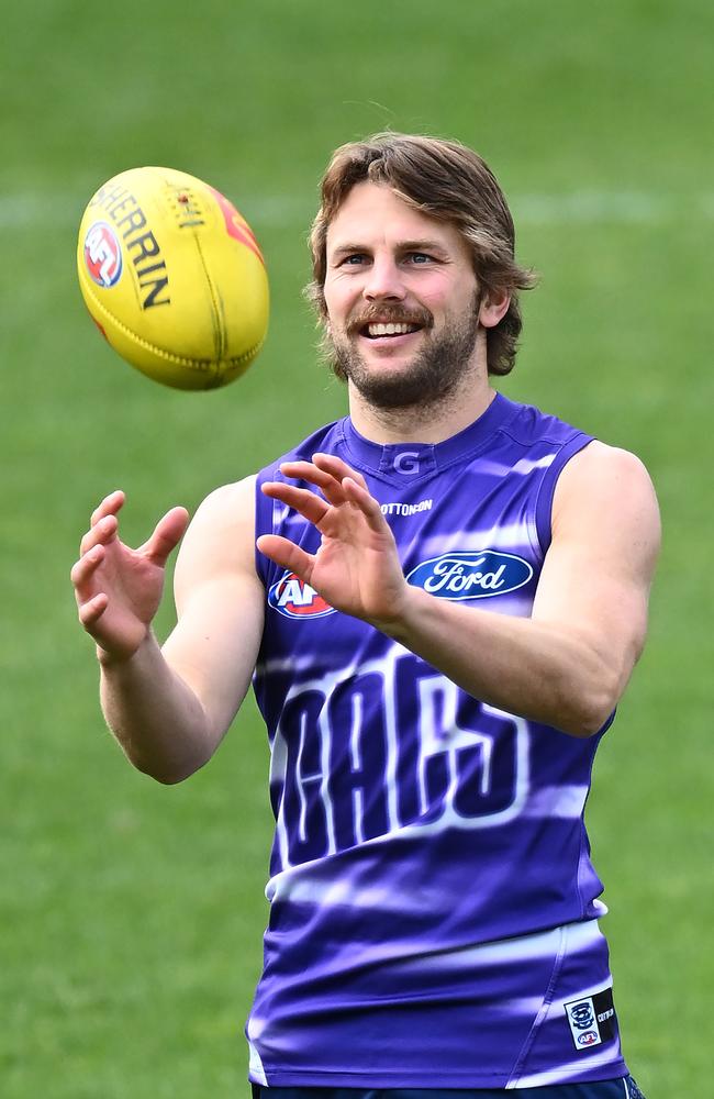 Tom Atkins during a Geelong Cats AFL training session at GMHBA Stadium in September. Photo: Quinn Rooney/Getty Images