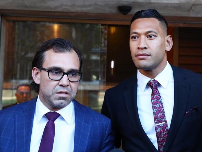 28/6/19: Israel Folau and lawyer George Haros leave the Fair Work Commission mandatory conciliation hearing - Application to deal with an unlawful termination dispute in Sydney. John Feder/The Australian.