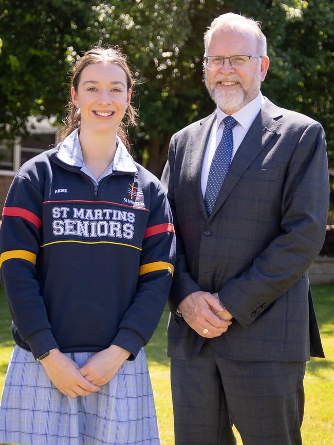 St Martins College Dux, Paige Hillier with College Principal Alan Connah. Picture: Supplied