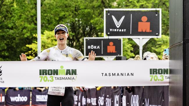 American triathlete Chelsea Sodoro wins the female Ironman 70.3 Tasmania in Hobart on Sunday 4th February 2024. Picture: Linda Higginson