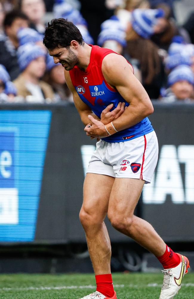 Christian Petracca leaves the field on King’s Birthday. Picture: Dylan Burns/AFL Photos via Getty Images.