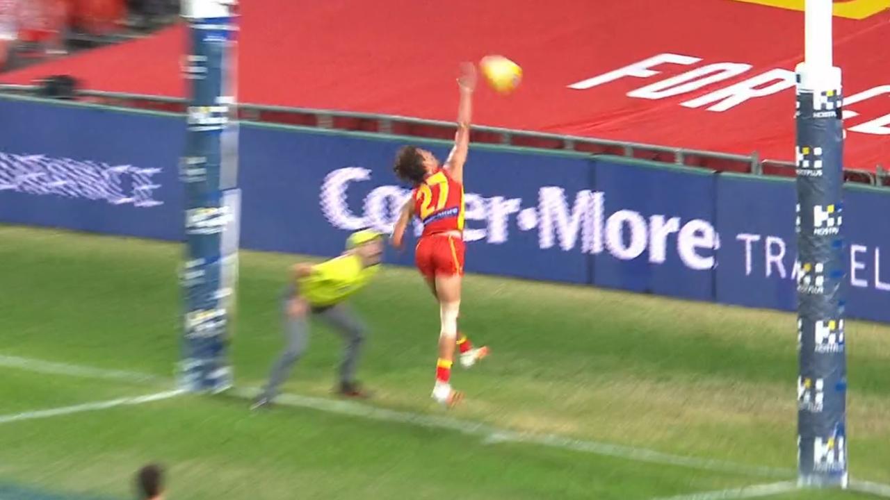Gold Coast's Wil Powell owned up to not touching this Western Bulldogs goal on the line.