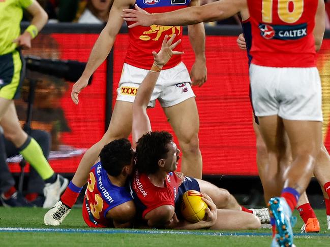 Charlie Cameron’s sling tackle of Jake Lever has resulted in a one-week ban. Picture: Michael Willson/AFL Photos via Getty Images