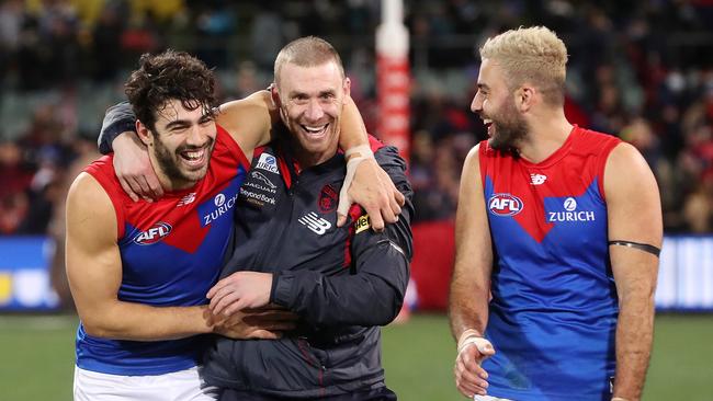 Melbourne coach Simon Goodwin is happy with his players. Picture: Sarah Reed/AFL Photos via Getty Images