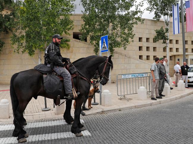 Israeli security forces stand guard outside the US consulate in Jerusalem ahead of it becoming the official embassy. Picture: AFP