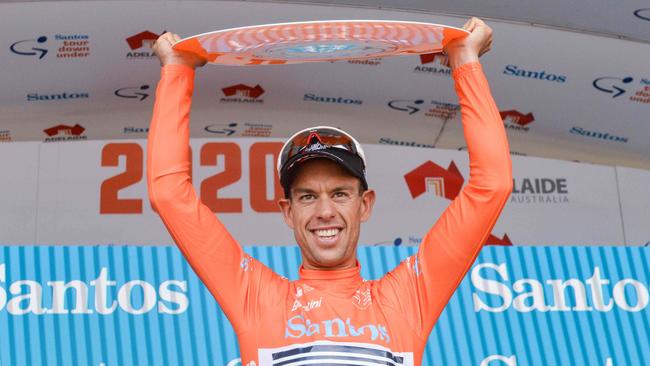 Australian rider Richie Porte from team Trek-Segafredo reacts on the podium after winning the Tour Down Under UCI World Tour cycling event in Adelaide on January 26, 2020. (Photo by Brenton EDWARDS / AFP) / -- IMAGE RESTRICTED TO EDITORIAL USE - STRICTLY NO COMMERCIAL USE --