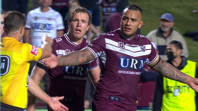 Manly’s Addin Fonua-Blake is about to be given his marching orders by referee Grant Atkins at full time after his side’s loss to the Knights on Sunday. Picture: Fox Sports