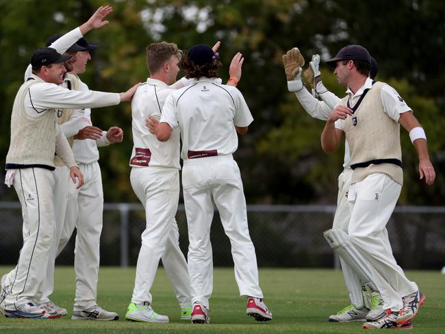 Sam Cook of Prahran celebrates the wicket of Bremner during the Premier Cricket match between Fitzroy Doncaster v Prahran played at Schramms Reserve Doncaster on Saturday 9th February, 2019.