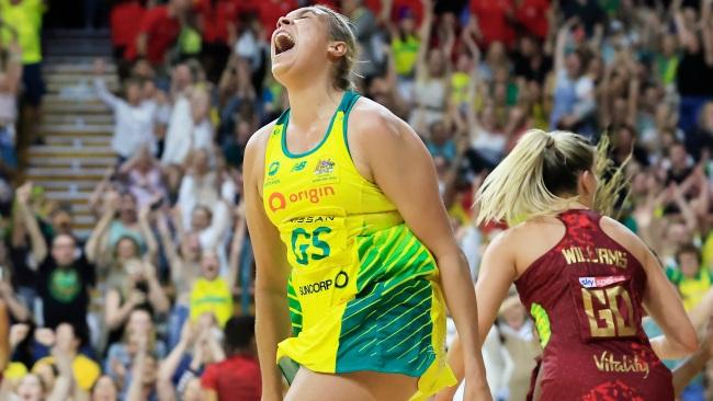 NEWCASTLE, AUSTRALIA - OCTOBER 26: Donnell Wallam of Australia celebrates scoring the winning goal during game one of the International Test series between the Australia Diamonds and England Roses at Newcastle Entertainment Centre on October 26, 2022 in Newcastle, Australia. (Photo by Mark Evans/Getty Images)