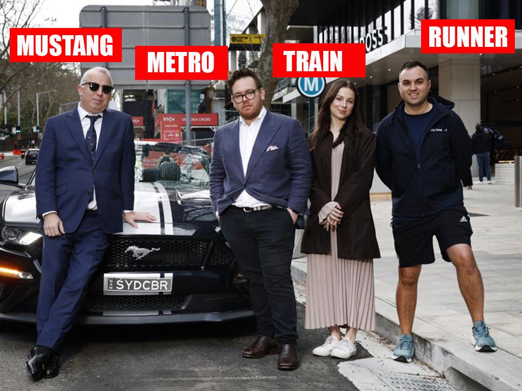 Ready to rumble: The Daily Telegraph's James Morrow, saddling up his Mustang convertible; James O'Doherty, ready to board the Metro, Tamaryn McGregor, preparing to take the train, and James Willis, ready to run in the Great Race. Picture: Richard Dobson