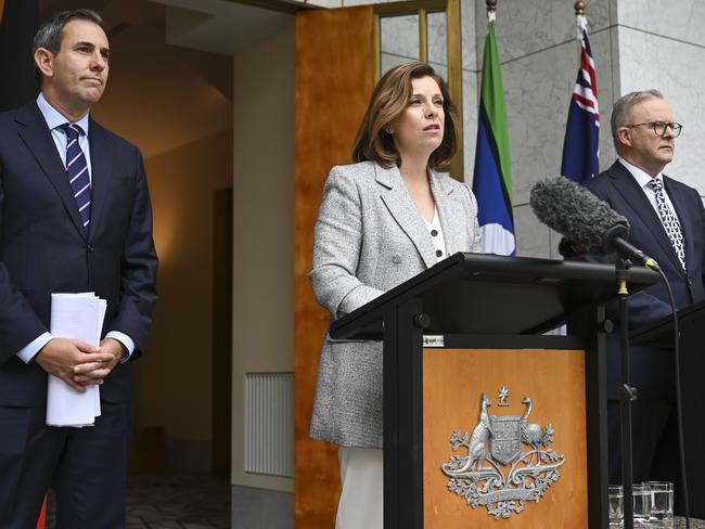 CANBERRA, Australia - NewsWire Photos - September 12, 2024: The Prime Minister, Anthony Albanese, Treasurer, Jim Chalmers, and the Minister for Aged Care, Anika Wells hold a press conference at Parliament House in Canberra. Picture: NewsWire / Martin Ollman