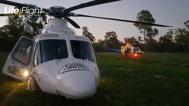 Two LifeFlight helicopters have airlifted a man and woman to hospital, after they were attacked by a dog on a property in the North Burnett.