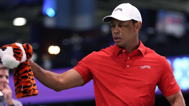 PALM BEACH GARDENS, FLORIDA - JANUARY 27: Tiger Woods of Jupiter Links Golf Club warms up before their TGL presented by SoFi match against the Boston Common Golf at SoFi Center on January 27, 2025 in Palm Beach Gardens, Florida. (Photo by Megan Briggs/TGL/TGL via Getty Images)