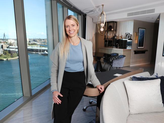 Pictured at one of the suites at Crown hotel at Barangaroo in Sydney is nurse Karen Norris.Crown will be offering the chance for community heroes who have worked on the frontline over the last 12 months to be nominated and be in the running for a complimentary stay at the hotel.Picture: Richard Dobson