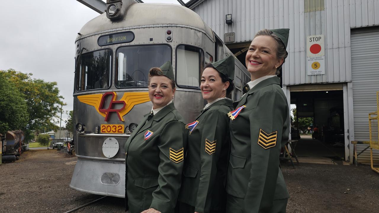 Toowoomba vocal trio The Gowrie Gals, made up of Sara Hales, Bronwyn Blanck and Ebony Rosier, are performing on DownsSteam Railway's Commissioner railcar on its trip to Clifton as part of 1940s-style event on November 22.