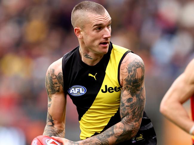 SYDNEY, AUSTRALIA - MAY 30: Dustin Martin of the Tigers controls the ball during the round 11 AFL match between the Richmond Tigers and the Adelaide Crows at GIANTS Stadium on May 30, 2021 in Sydney, Australia. (Photo by Brendon Thorne/Getty Images)