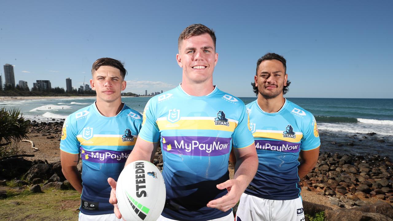 Jersey launch for the Titans season 2023 at Burleigh Heads. Jayden Campbell, Beau Fermor and Phillip Sami modelling the new jersey. Picture Glenn Hampson