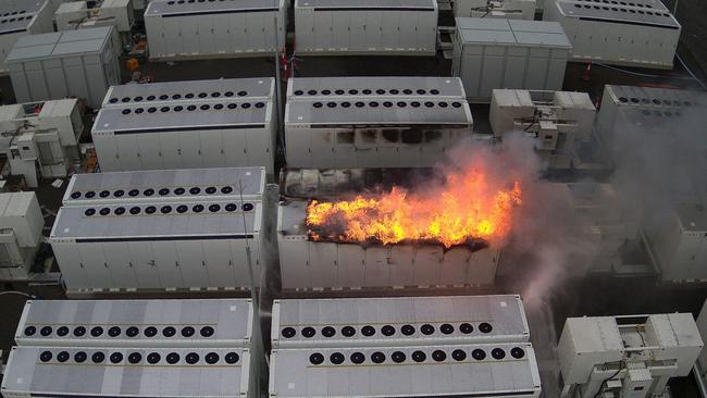 A fire from a 13-tinne lithium battery unit at a Tesla battery site in Geelong in July 2021. Picture: Fire Rescue Victoria