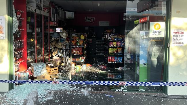 Police have launched an investigation after a vehicle was used to ram into a retail store in Lane Cove early Wednesday morning. Picture: Elliott Stewart