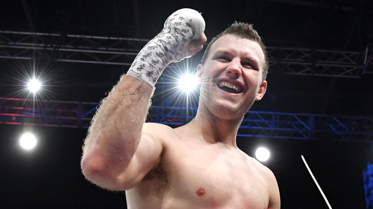 Jeff Horn celebrates after knocking out Anthony Mundine in the first round.