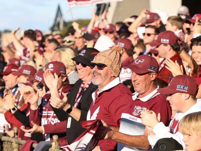 JUNE 16, 2024: Manly fans celebrate after Manly score a try in the second half of the Manly v Dragons game, Brookvale Oval. Brookvale.Picture: Damian Shaw