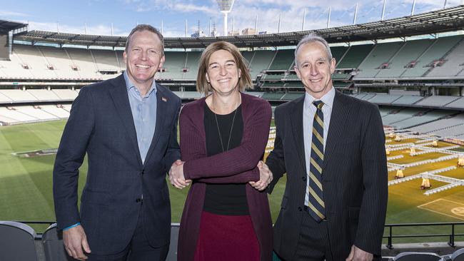 Cricket Australia CEO Kevin Roberts, transgender cricketer Erica James and Dr David Hughes. Picture: Getty Images