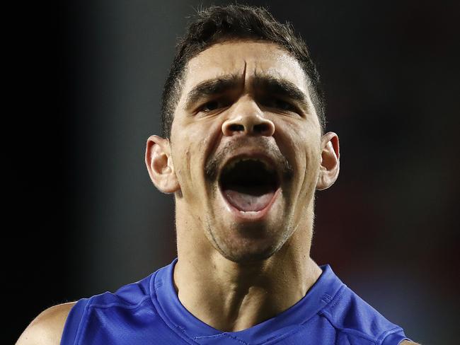 GOLD COAST, AUSTRALIA - JULY 31: Charlie Cameron of the Lions celebrates a goal during the round nine AFL match between the Essendon Bombers and the Brisbane Lions at Metricon Stadium on July 31, 2020 in Gold Coast, Australia. (Photo by Ryan Pierse/Getty Images)