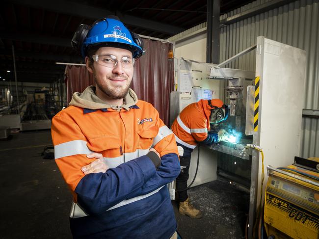 Apprentices Lucas Corrigan and Nathan Pearce, welding, are two new apprentices at Incat. Picture: Richard Jupe