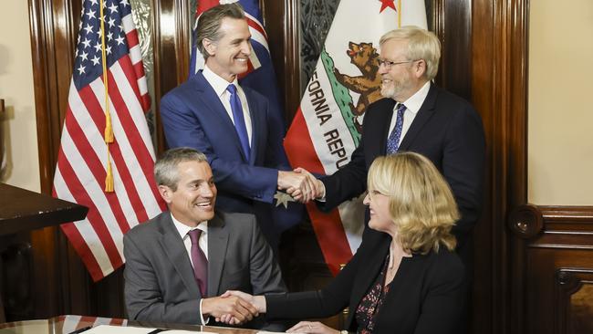 (L-R) Wade Crowfoot, California's Natural Resources Secretary, California Governor Gavin Newsom, Kevin Rudd and Ambassador Jane Duke, Australian Consul-General Los Angeles, during the signing of a joint climate and energy pact.