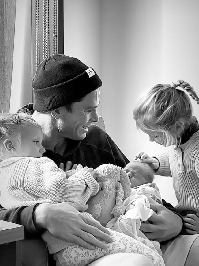 Emma Hawkins posted these gorgeous black and white images of hubby Tom with newborn son Henry and his two daughters. Picture: Instagram