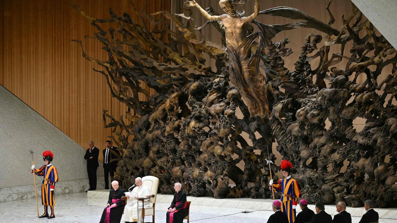 Pope Leo XIV leads an audience to representatives of the media, at Paul-VI hall in The Vatican. Picture: AFP