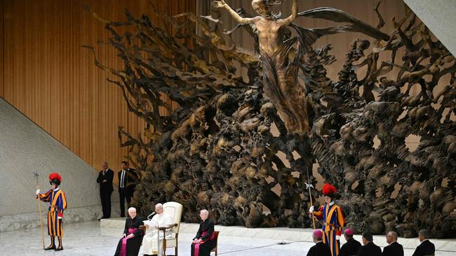Pope Leo XIV leads an audience to representatives of the media, at Paul-VI hall in The Vatican. Picture: AFP