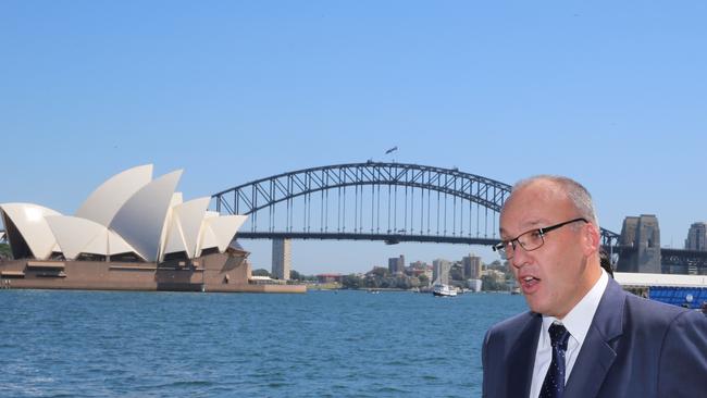 NSW opposition leader Luke Foley at Mrs Macquaries chair in Sydney today decries the plan to build outflow pipes. icture: John Grainger