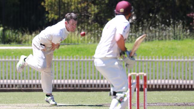 Randwick Petersham first grade bowler Adam Semple in action against Gordon at Chatswood on Saturday. Picture: Angelo Velardo