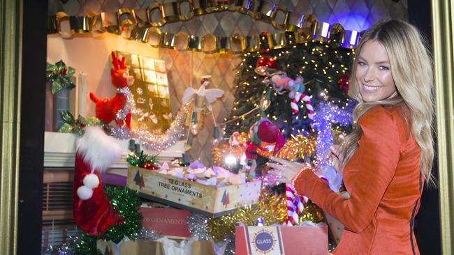 Jennifer Hawkins unveils the Myer Christmas windows in the Bourke St mall. Picture: Sarah Matray