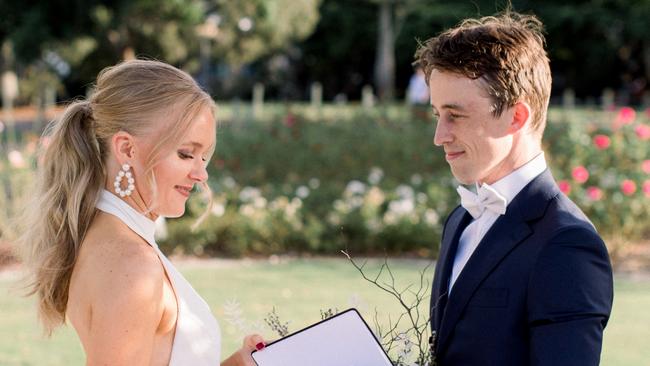 April Lea and Tim George in New Farm Park where they eloped. Picture: Kate Robinson