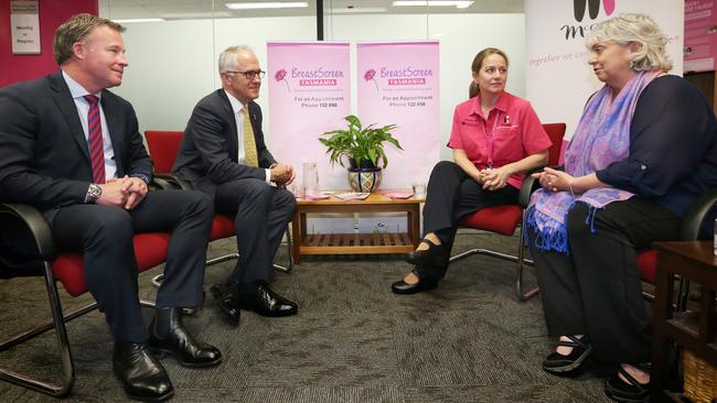 Tasmanian Premier Will Hodgman, Prime Minister Malcolm Turnbull, Breast Care nurse Terri Cooper and patient Carol Briscoe at BreastScreen Tasmania in Hobart today. Picture: NIKKI DAVIS-JONES